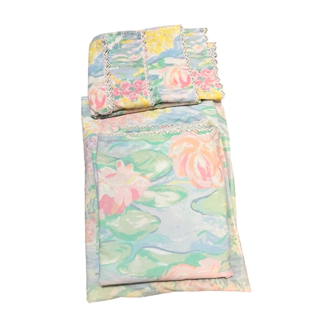 Vintage Martex Claude Monet Waterlilies Impressionist Queen Sheet Set - 6 Piece